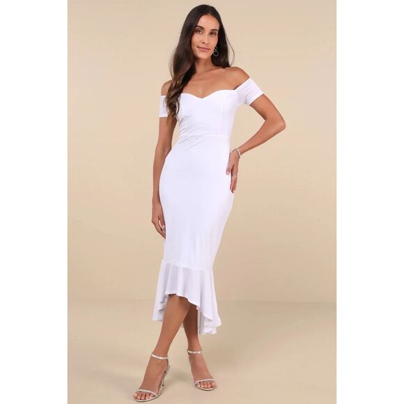 LULUS How Much I Care Velvet Off-The-Shoulder Midi Dress M White Sweetheart B27 - Picture 1 of 7